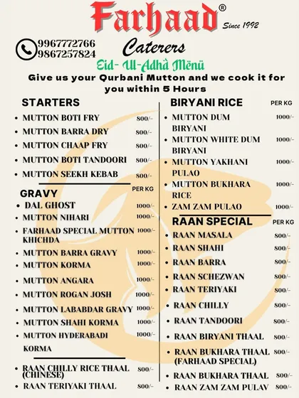 Our special menu for Eid-ul-Adha. We offer a unique service where you can give us your Qurbani Mutton, and we will cook it into delicious dishes like Mutton Dum Biryani, Seekh Kebabs, or Raan Masala for your family feast.