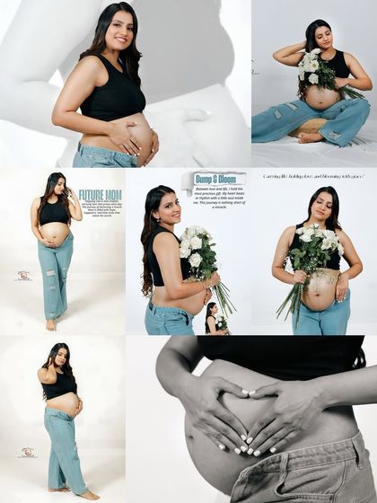 This collage showcases a variety of poses from a casual 'bump and bloom' session. It includes full-length shots, close-ups of the bump, and portraits with flowers, telling a complete story.