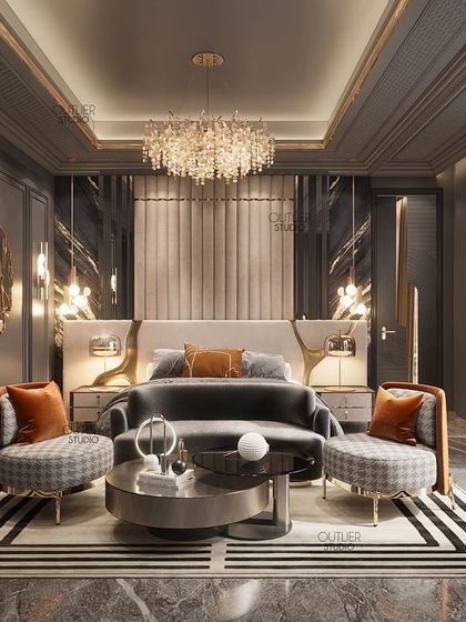 We kept this dark-themed master bedroom opulent with a tasteful touch of gold accents. The design creates a sense of serenity and comfort, with a seating area at the foot of the bed for added luxury.