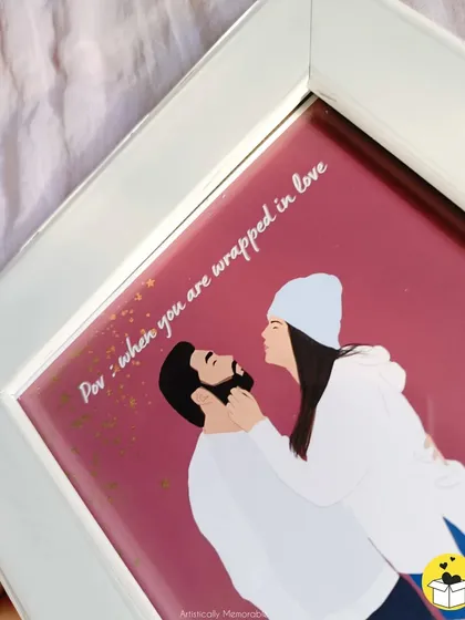 An angled shot of the "wrapped in love" illustration, showing how the white frame complements the artwork's warm and romantic theme.