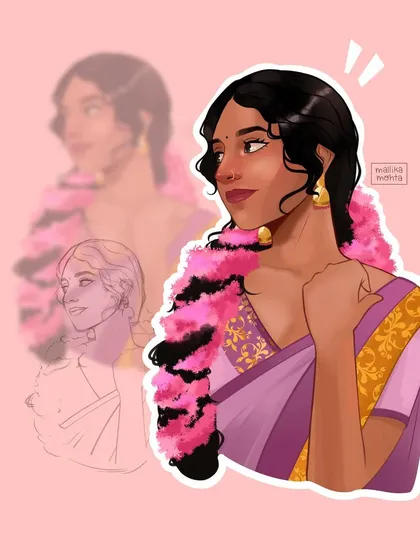 The second portrait in my 'Women in Sarees' series, this time featuring a purple saree and a flower garland. I experimented with a slightly different rendering style to match the character's mood.