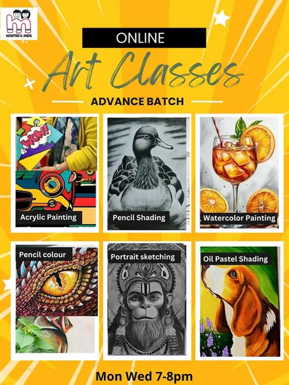 Ready to take your art to the next level from home? Our online advanced batch is designed for serious art enthusiasts. We cover a range of mediums including acrylics, watercolor, portrait sketching, and more through live, interactive sessions.