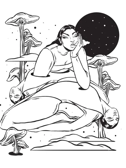 The black and white ink version of my "Day-dreaming/Escapism" illustration. This view reveals the foundational linework and intricate details that form the structure of the surreal, mushroom-filled world.