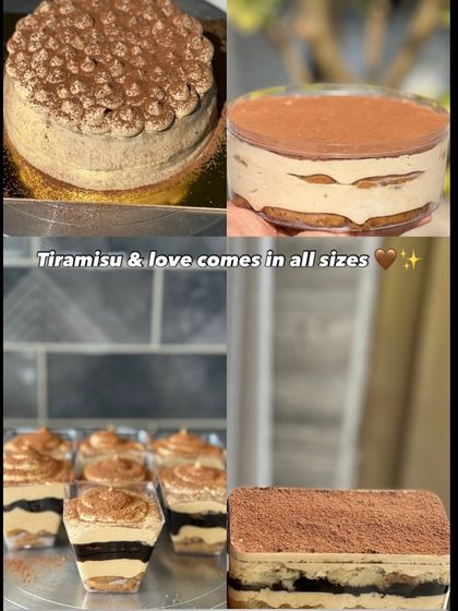 Tiramisu and love come in all sizes. This collage shows our Tiramisu available as a full cake, a tub, a sheet cake, and individual mousse cups.