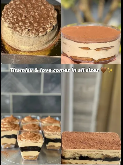 Tiramisu and love come in all sizes. This collage shows our Tiramisu available as a full cake, a tub, a sheet cake, and individual mousse cups.