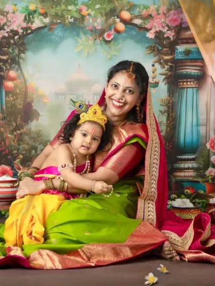 A wide view of the enchanting Yashoda Krishna setup, complete with flowing curtains and pots of butter, creating a magical world for your photoshoot.