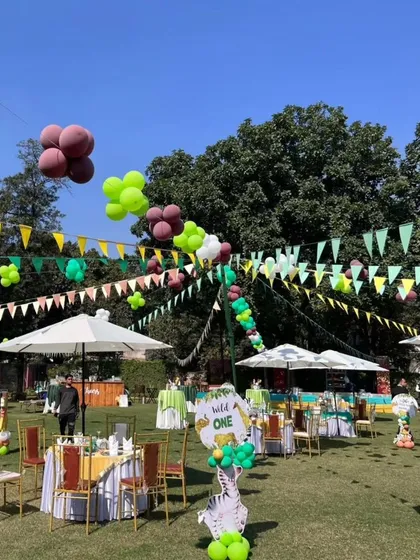 A wide view of a sunny outdoor jungle-themed party on a large lawn, with themed seating areas, banners, and balloon decorations.