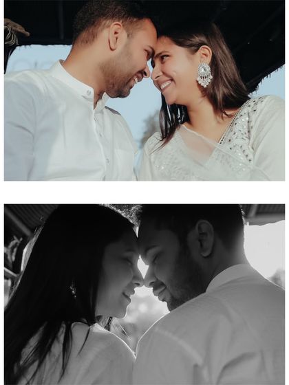 A collage of intimate, happy moments from a pre-wedding shoot in Chandni Chowk, capturing the couple's connection in both color and black and white.