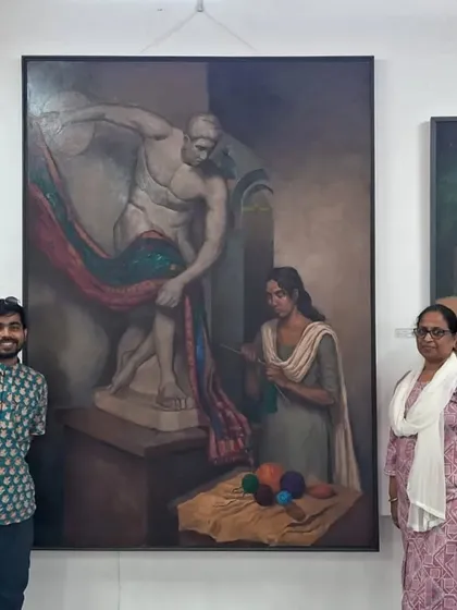 With a visitor at the 2024 annual art exhibition in front of my large canvas.