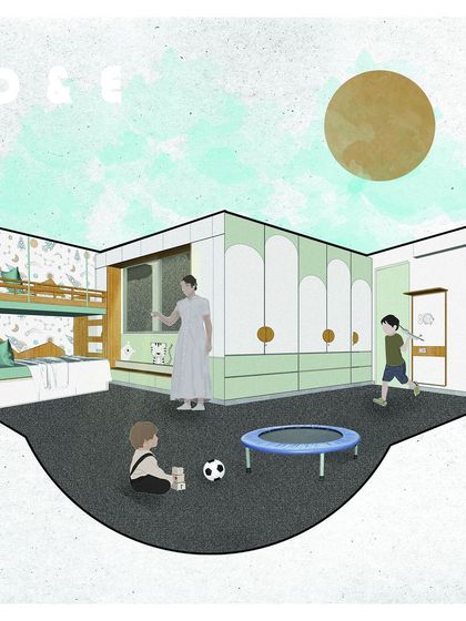 An axonometric illustration of the kids' room, showcasing the space-saving bunk bed, window seat, and open play area.