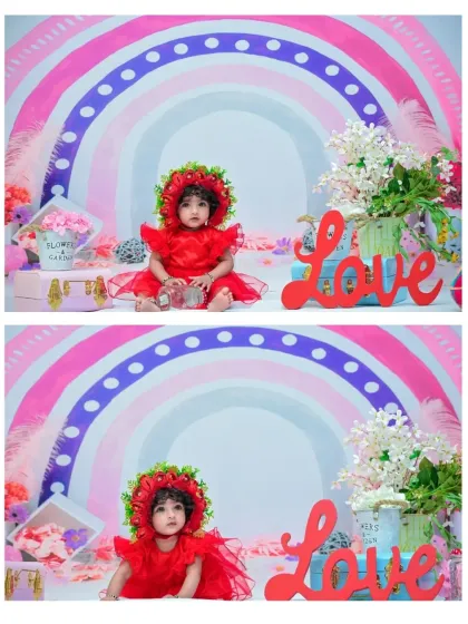 This collage shows two similar poses, highlighting the baby's thoughtful expressions. The vibrant red outfit and rainbow background create a visually stunning portrait series.