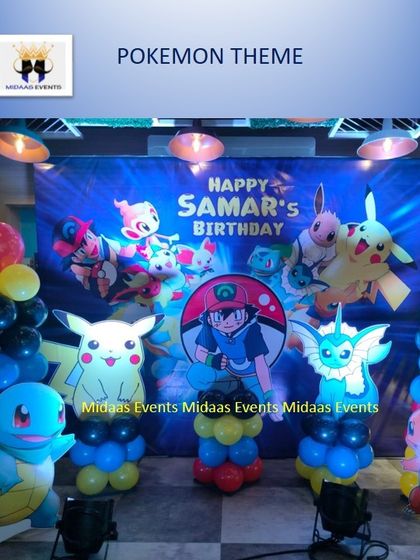 Gotta catch 'em all! This Pokémon-themed birthday for Samar was a huge hit. The main backdrop featured Ash and Pikachu, surrounded by balloon pillars topped with characters like Squirtle, Charmander, and Vaporeon.