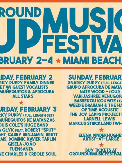 The full lineup poster for the GroundUP Music Festival. This event is a true celebration of music, bringing together artists and fans from all over the world.