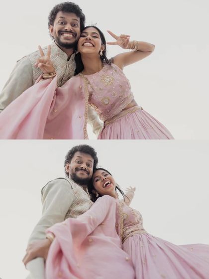 A collage of fun and goofy expressions. This shows the playful dynamic of the couple, capturing their personalities with victory signs and happy faces.