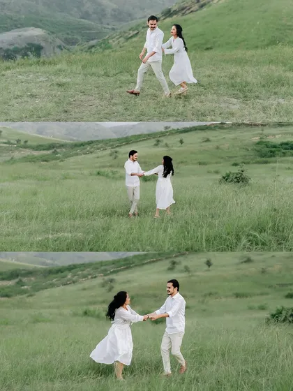 A sequence of shots showing the couple walking and dancing through a beautiful green meadow.