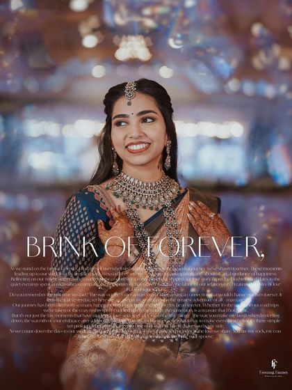 A joyful, smiling portrait of the bride, titled "Brink of Forever," with a beautiful bokeh background.