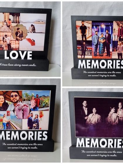 A collection of my 'Love' and 'Memories' themed tabletop frames. You can see how different photo combinations look in each design, from couple photos to family gatherings.