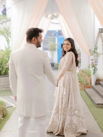 A classic "follow me to" shot from an engagement day. The bride's makeup was designed to be timeless, with soft, romantic tones that perfectly matched the dreamy, elegant aesthetic of the event.