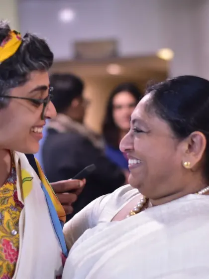 A moment of genuine connection with the acclaimed author K. R. Meera at the Bangalore Literature Festival. My role often goes beyond moderating; it's about creating a space where guests feel seen and can share their stories authentically.