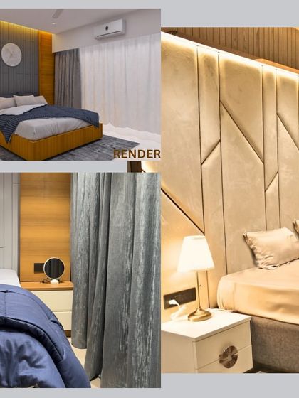 A "Render vs. Real" comparison for a bedroom in the Swami residence. Our 3D renders accurately predicted the final outcome, from the custom upholstered headboard to the ambient lighting, ensuring the client's vision was perfectly realized.