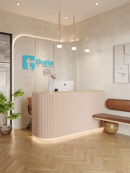 The initial concept for the reception area, featuring a curved, fluted desk and warm, layered lighting. This rendering helped establish the welcoming and sophisticated tone for the entire office.