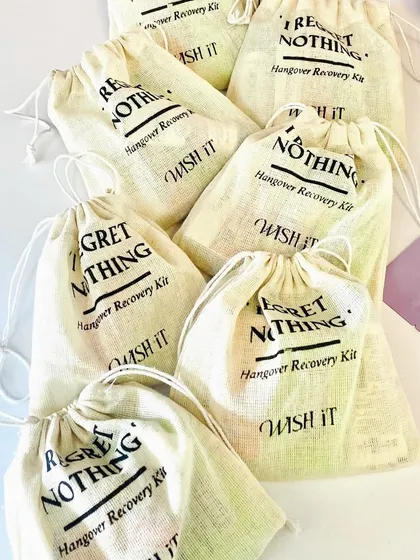 My "I Regret Nothing" hangover recovery kits. They are budget-friendly and packed with essentials to help your guests survive the morning after the big party.