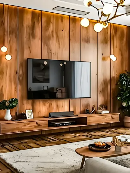 We designed this living room to feel warm and luxurious, using a floor-to-ceiling wood-paneled accent wall as the centerpiece. The floating media unit provides ample storage while maintaining a clean, uncluttered look, complemented by modern pendant and wall lighting.