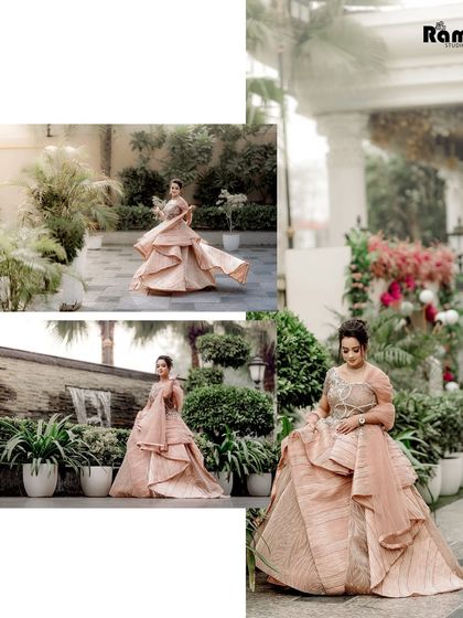 This collage showcases the bride's stunning tiered gown in a lush garden setting. The different angles highlight the movement and detail of the dress, creating a fashion-forward bridal portrait.