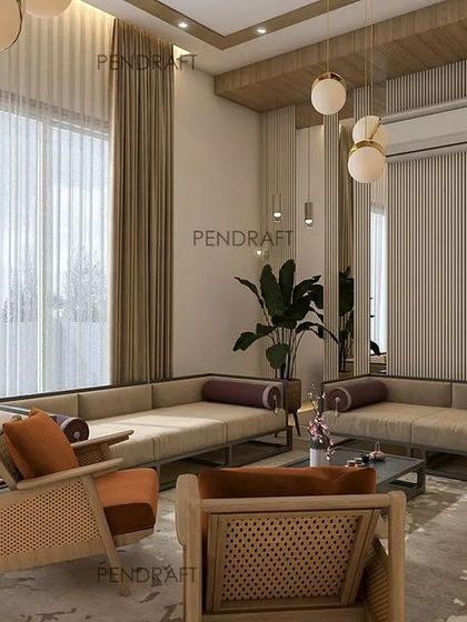 Another angle of the proposed Zen drawing room, showcasing the blend of natural wood, soft textiles, and minimalist decor that defines this serene design language.