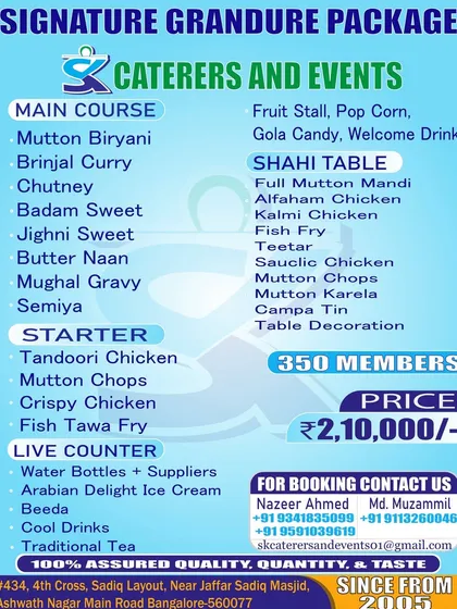 Planning your event is simple with our transparent packages. This is our Signature Grandure Package, one of several options we offer, detailing a complete menu with live counters and a Shahi Table for 350 members.