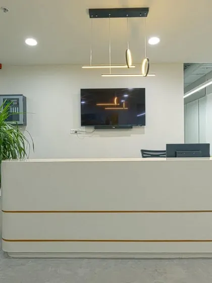 A minimalist reception desk with clean lines and subtle brass inlay details. The large potted plant adds a touch of green, and the overall feel is modern and understated.