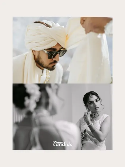 A diptych showing the groom getting his turban tied and the bride adjusting her earring in the mirror. A beautiful parallel of the bride and groom getting ready for their big day.