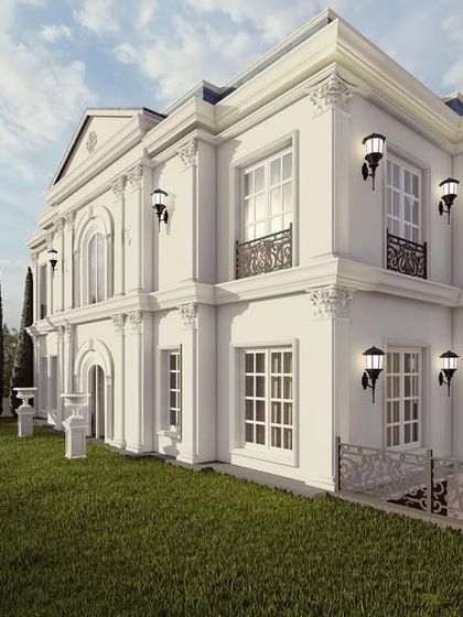 The garden view of "The Clarence" highlights its classical ornaments, stately windows, and lush green surroundings. The design ensures that the home is majestic from every vantage point.