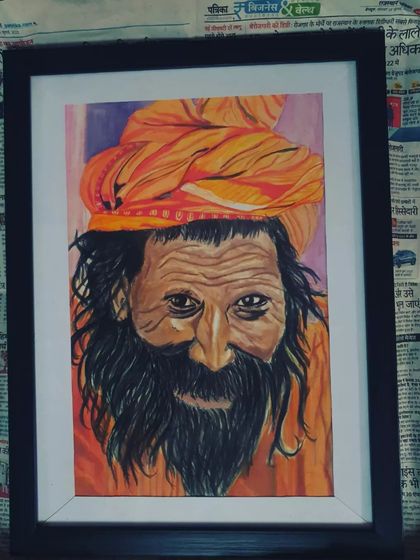 A colourful portrait of a sadhu, capturing the wisdom and character in his eyes with bright acrylics. This A3 piece is framed.