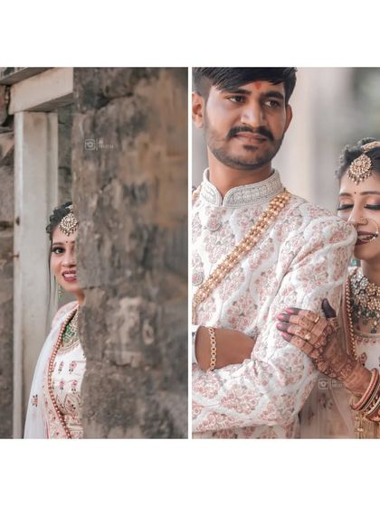 A playful and intimate diptych of a bride and groom on their wedding day, capturing a peek-a-boo moment and a gentle embrace.