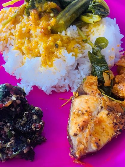 The combination of the sweet pumpkin curry, savoury fish, and pungent Aneshi chutney is a classic Naga flavour profile.