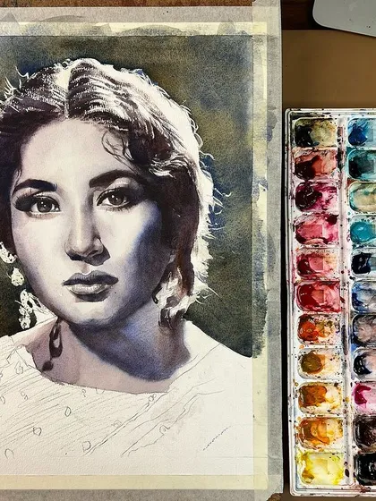 A work-in-progress shot from a live session, showing the initial layers of the Meena Kumari portrait.