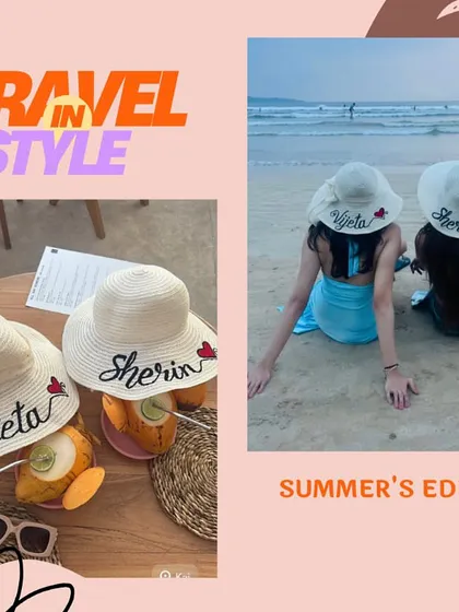 A collage showcasing our personalised 'Summer's Edit' beach hats, perfect for travelling in style with your best friends.