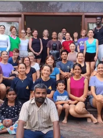A group of happy students after an intensive workshop at the Ramanagara centre. These retreats bring together a dedicated community of practitioners from all over the world.