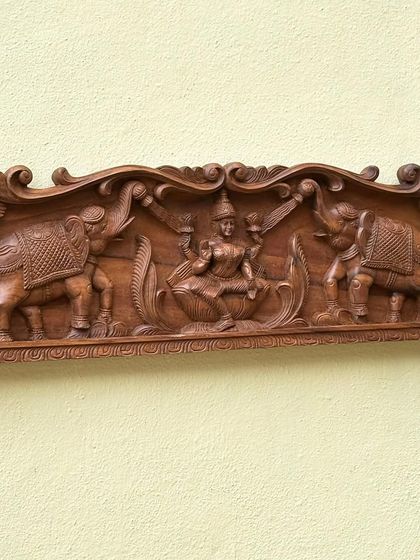 A closer view of the 36-inch Gajalakshmi panel, focusing on the central figure of the goddess and the elephants that flank her.