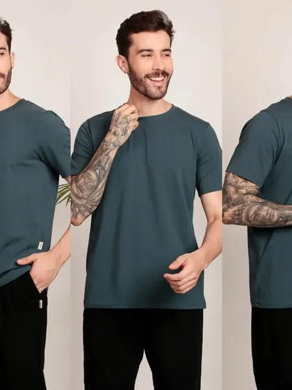 A composite image showcasing a male model in a basic t-shirt from multiple angles. This highlights my expertise in creating comprehensive product listings that give customers a full view of the apparel.