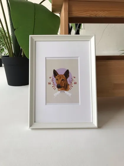 A full view of the framed portrait of Chiku, standing against a clean background. This shows the standard size and presentation I offer for digital illustrations.