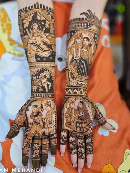 This is a full bridal storytelling design, with each arm telling a different part of the couple's journey. It includes multiple scenes, from the bride getting ready to the couple together, all drawn with natural henna.