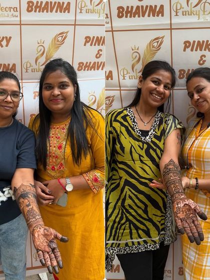 Happy students showing off their full-arm mehndi projects. In our classes, you get extensive hands-on practice to build confidence and perfect your skills.