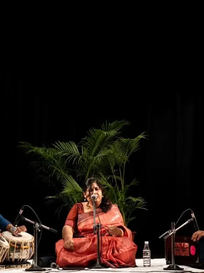 A wide shot of our performance at the India International Centre, Delhi. The minimalist stage setup puts the focus entirely on the music.