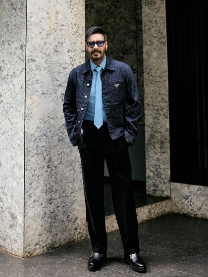 This shot captures the complete modern and stylish ensemble for the 'Son of Sardaar 2' trailer launch.