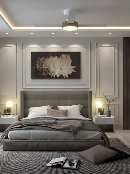 Minimalist design with a touch of classic elegance. This bedroom features simple wall paneling and a large window for ample natural light, creating a bright and airy atmosphere that feels both spacious and serene.