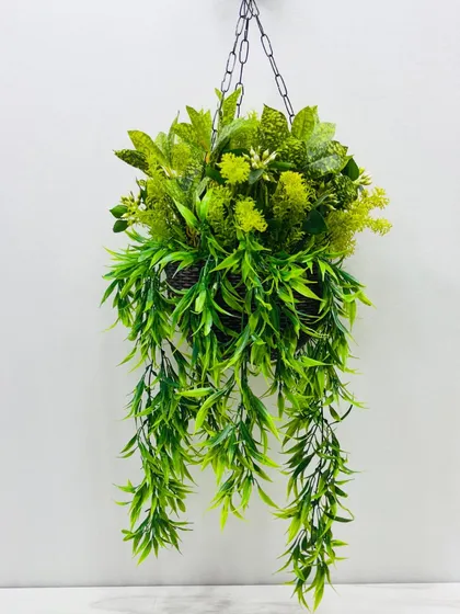 A monochromatic hanging basket featuring various shades of green foliage and textures for a sophisticated, natural look.