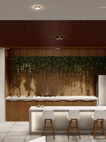 Another view of the terrace project, showcasing a hanging garden feature over the bar. This adds a dramatic touch of green without taking up valuable floor space.