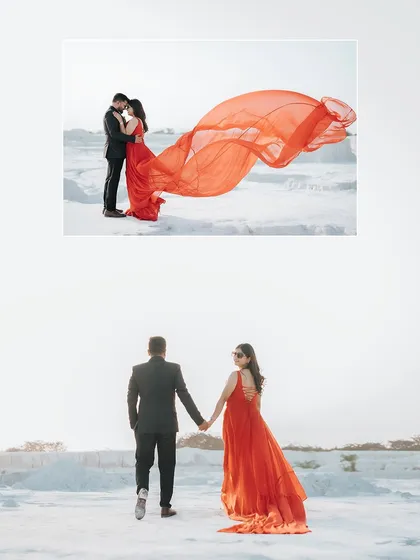 A diptych that captures the full drama of a flowing dress shoot, showing both the embrace and the walk away.